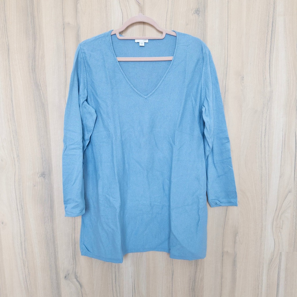 J. Jill Womens Silk Wool Blend Sweater S Blue V-Neck Tunic Classic Quiet Luxury